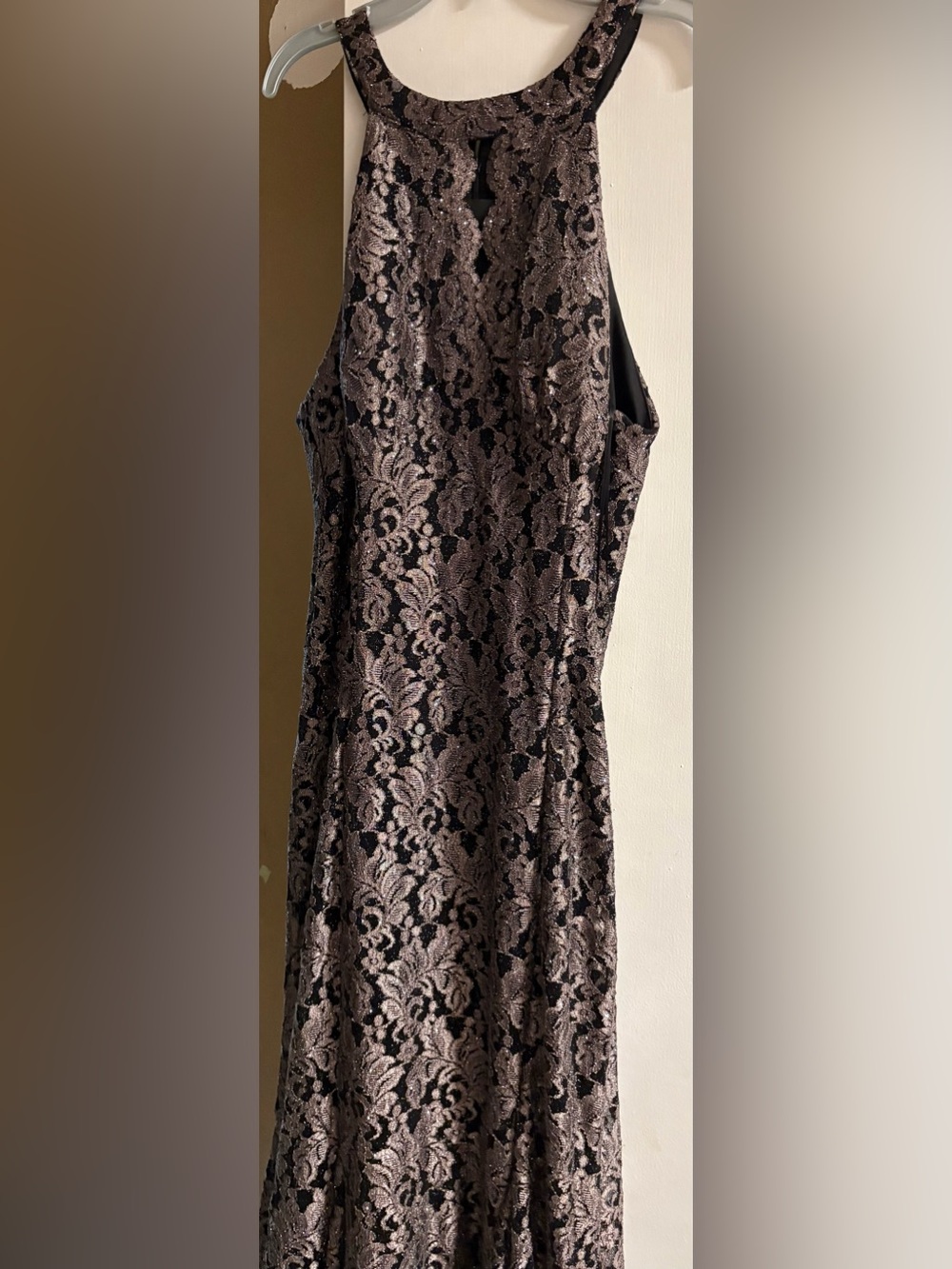 Nightway Metallic Lace Evening Dress Size 16 Black Rose Gold Formal Gown